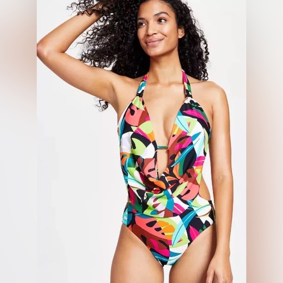 Bar III One Piece Swimsuit Green/Pink Printed Plunge Neck Halter Draped | NEW!🩵 - Picture 8 of 11